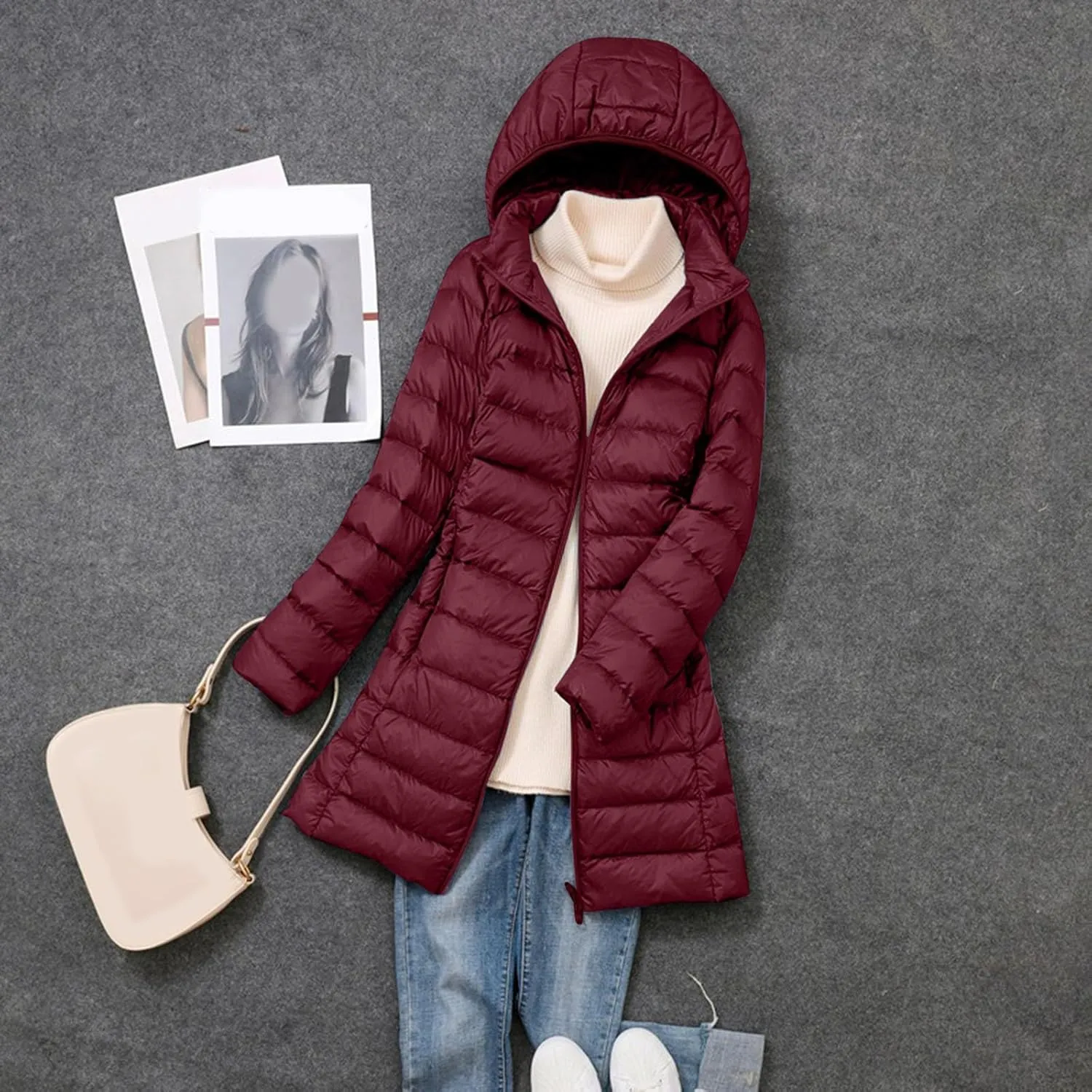 Womens Winter Casual Solid Length Quilted Puffer Coat Long Sleeve Removable Hood Down Coat Warm Fitted Soft Overcoat