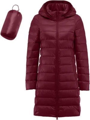 Womens Winter Casual Solid Length Quilted Puffer Coat Long Sleeve Removable Hood Down Coat Warm Fitted Soft Overcoat