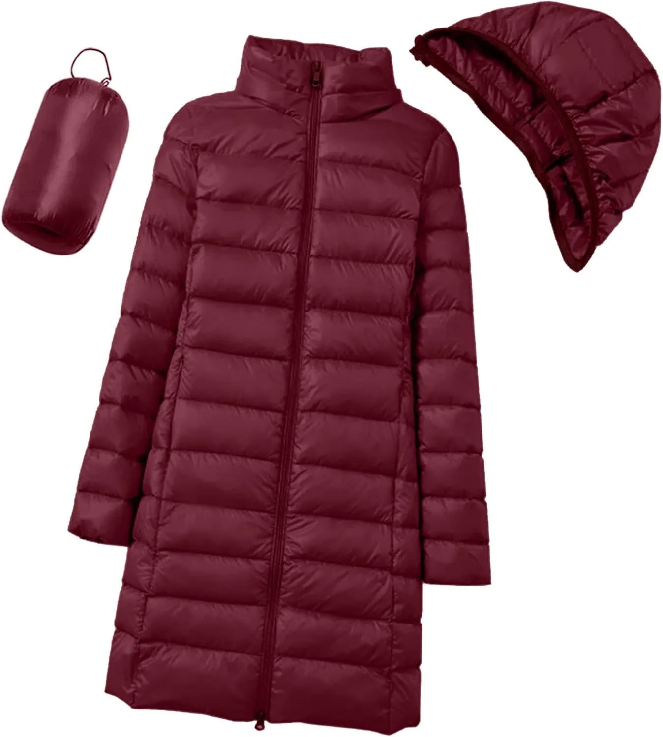 Womens Winter Casual Solid Length Quilted Puffer Coat Long Sleeve Removable Hood Down Coat Warm Fitted Soft Overcoat