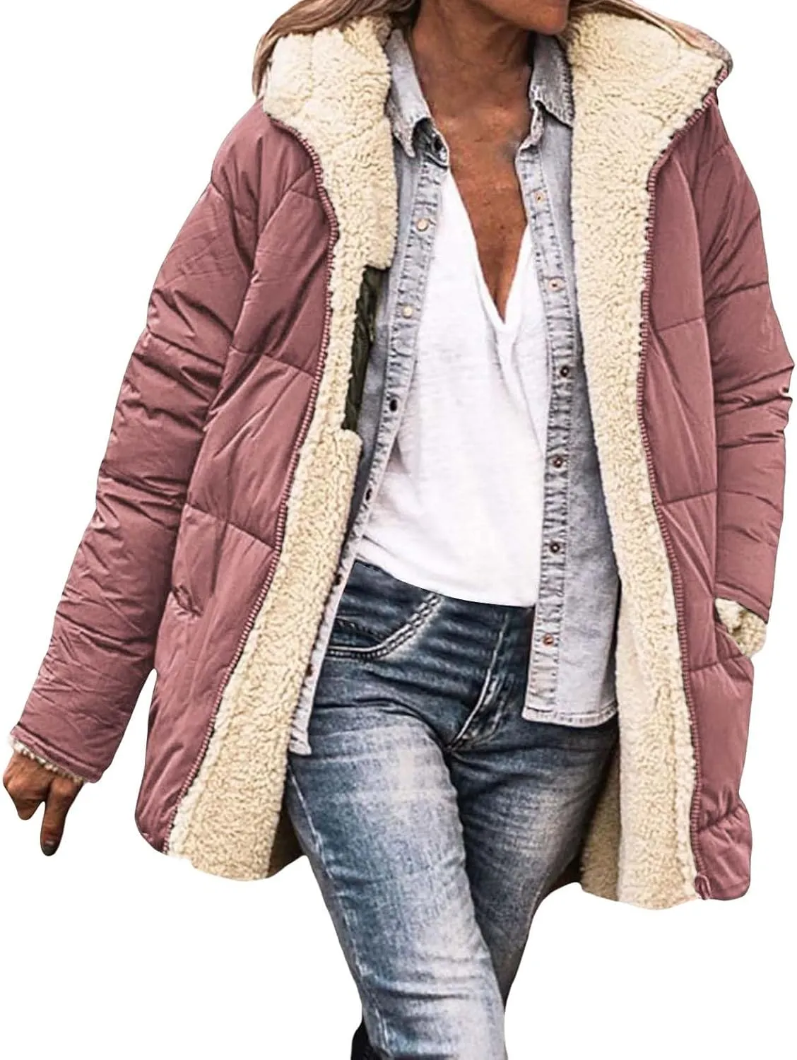 Womens Winter Coats Fleece Lined Thicken Puffer Jackets Sherpa Warm Waterproof Parka Outwear With Fur Hood