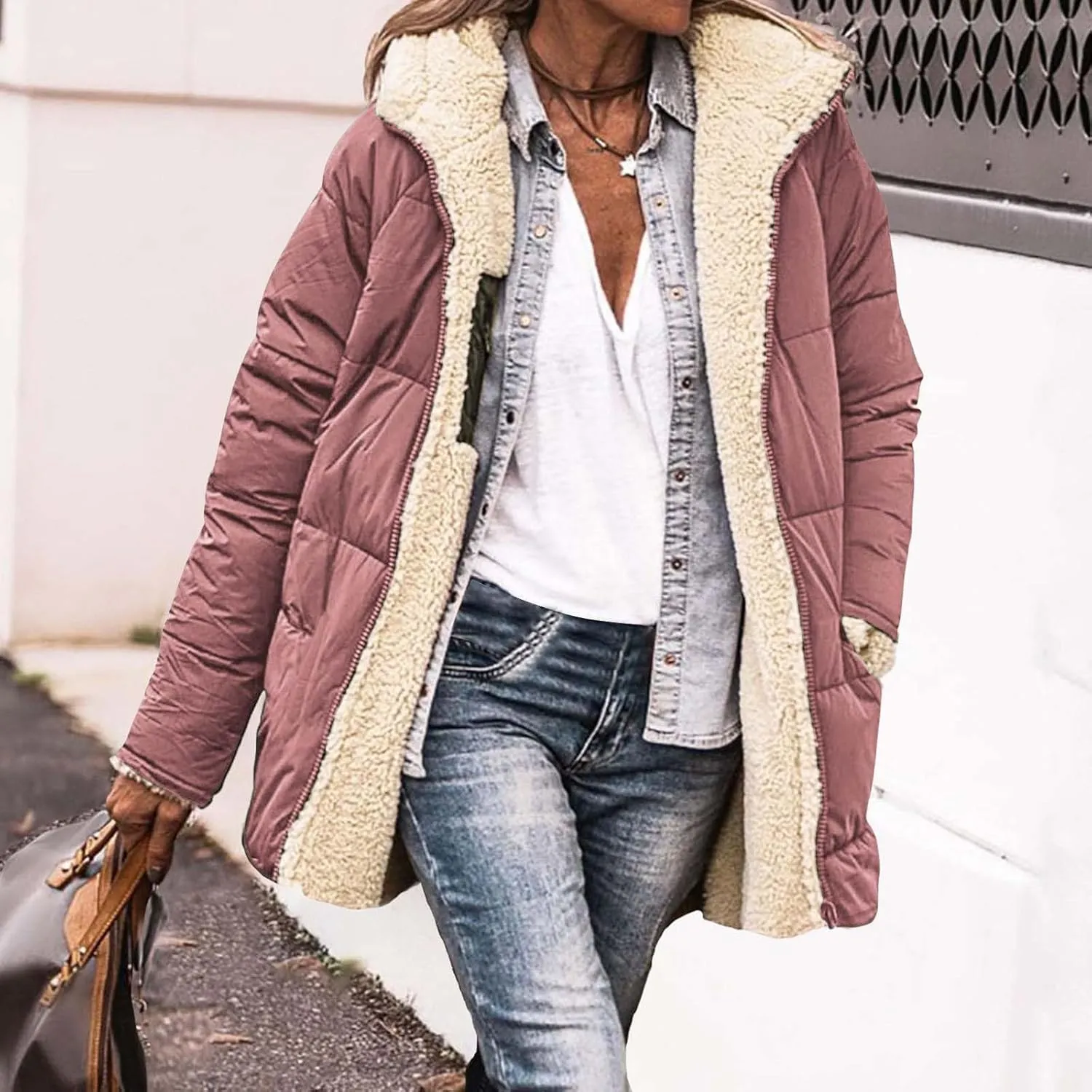 Womens Winter Coats Fleece Lined Thicken Puffer Jackets Sherpa Warm Waterproof Parka Outwear With Fur Hood