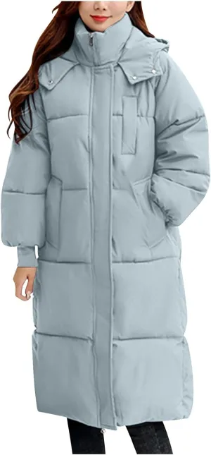 Womens Winter Coats Long Puffer Jacket Quilted Down Coat Puffy Maxi Jackets Thicken Warm Outwear Zip Up Hood Overcoat