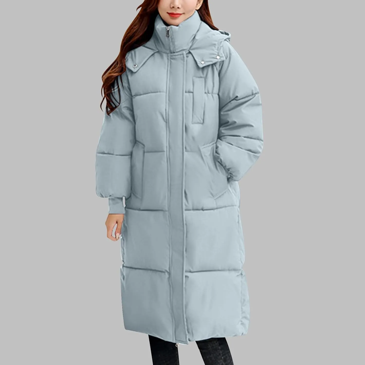 Womens Winter Coats Long Puffer Jacket Quilted Down Coat Puffy Maxi Jackets Thicken Warm Outwear Zip Up Hood Overcoat