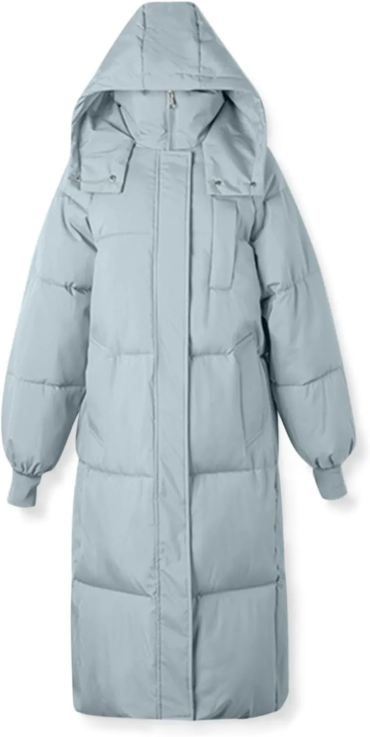 Womens Winter Coats Long Puffer Jacket Quilted Down Coat Puffy Maxi Jackets Thicken Warm Outwear Zip Up Hood Overcoat