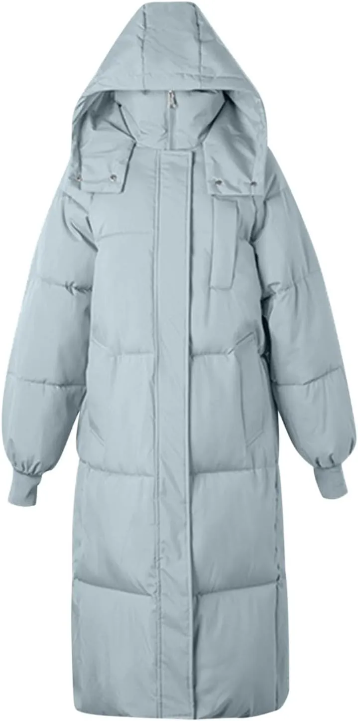 Womens Winter Coats Long Puffer Jacket Quilted Down Coat Puffy Maxi Jackets Thicken Warm Outwear Zip Up Hood Overcoat