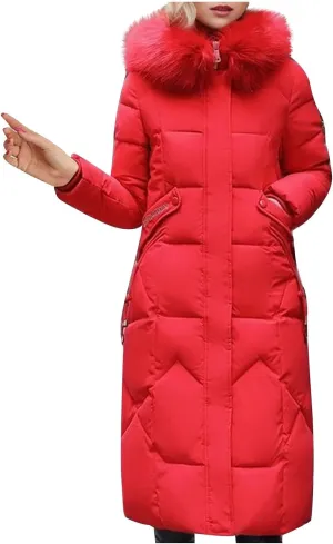 Women's Winter Coats with Fur Hood Puffer Down Jackets Parka Long Overcoat Warm Cotton Bread Jacket Quilted Outerwear