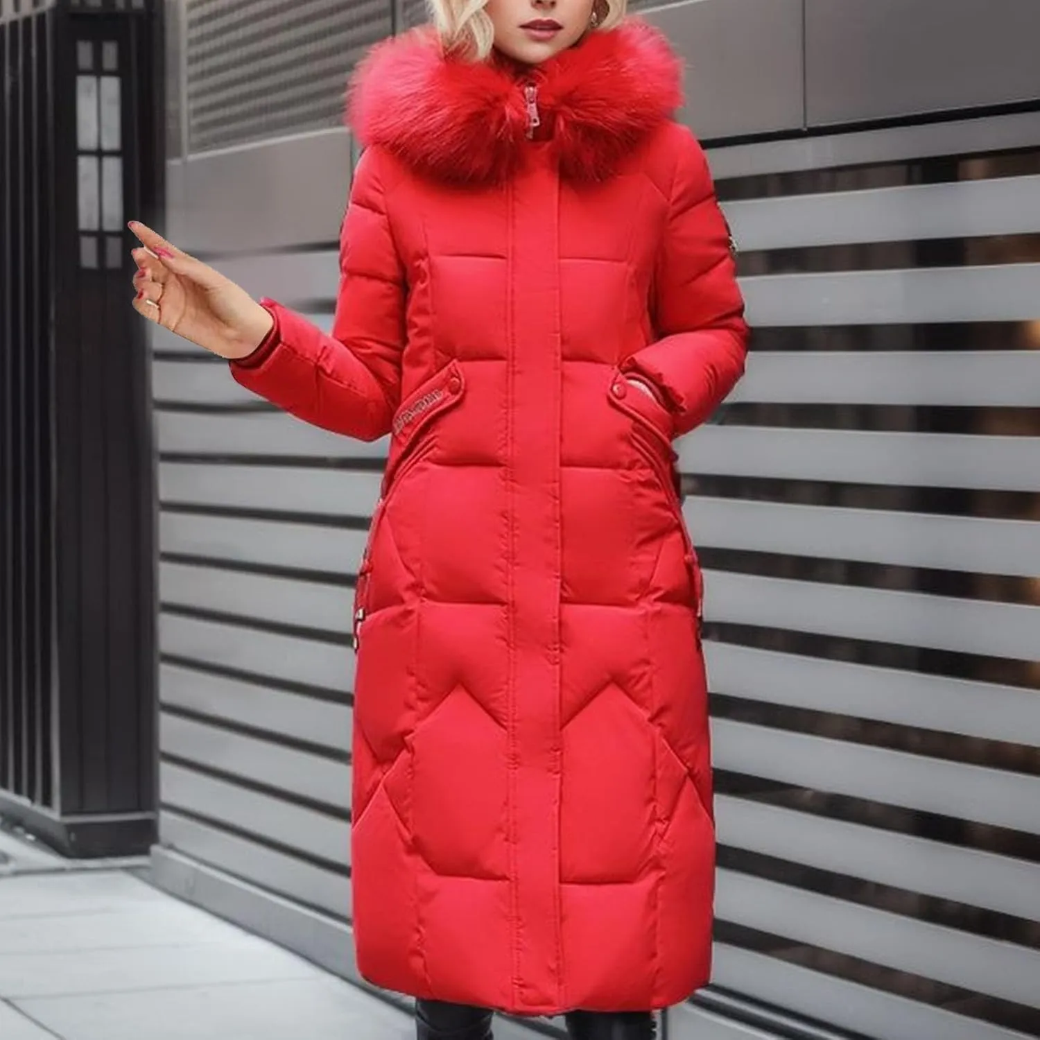 Women's Winter Coats with Fur Hood Puffer Down Jackets Parka Long Overcoat Warm Cotton Bread Jacket Quilted Outerwear