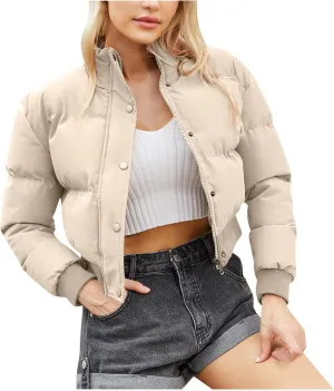 Women's Winter Cropped Puffer Jacket Long Sleeve Oversized Stand Collar Zip-Up Short Down Coat Fashion Solid Outwear