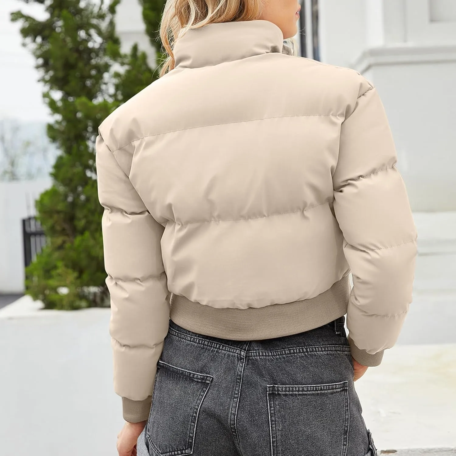 Women's Winter Cropped Puffer Jacket Long Sleeve Oversized Stand Collar Zip-Up Short Down Coat Fashion Solid Outwear