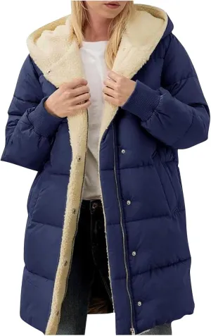 Womens Winter Jacket, Zipper Puffer Down Jackets Long Sleeve Casual Outerwear Trendy Mid Long Warm Outerwear