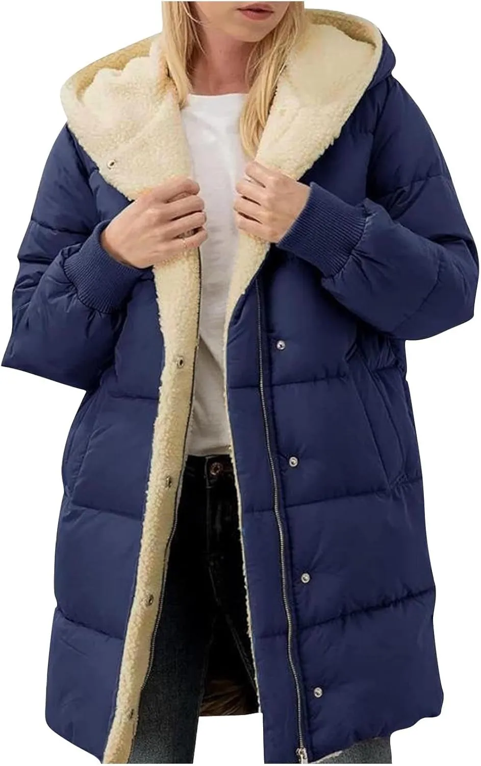 Womens Winter Jacket, Zipper Puffer Down Jackets Long Sleeve Casual Outerwear Trendy Mid Long Warm Outerwear