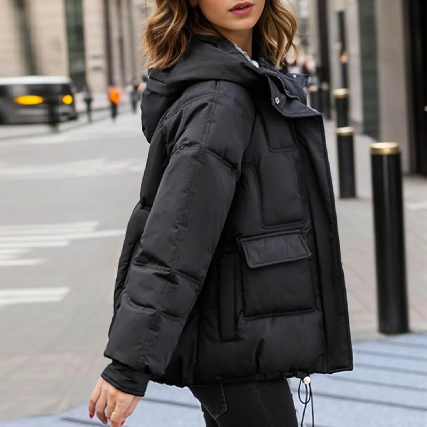 Women's Winter Puffer Jacket Long Sleeve Zip Up Quilted Baggy Warm Short Puffer Down Coats Hooded with Pockets