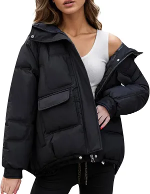 Women's Winter Puffer Jacket Long Sleeve Zip Up Quilted Baggy Warm Short Puffer Down Coats Hooded with Pockets
