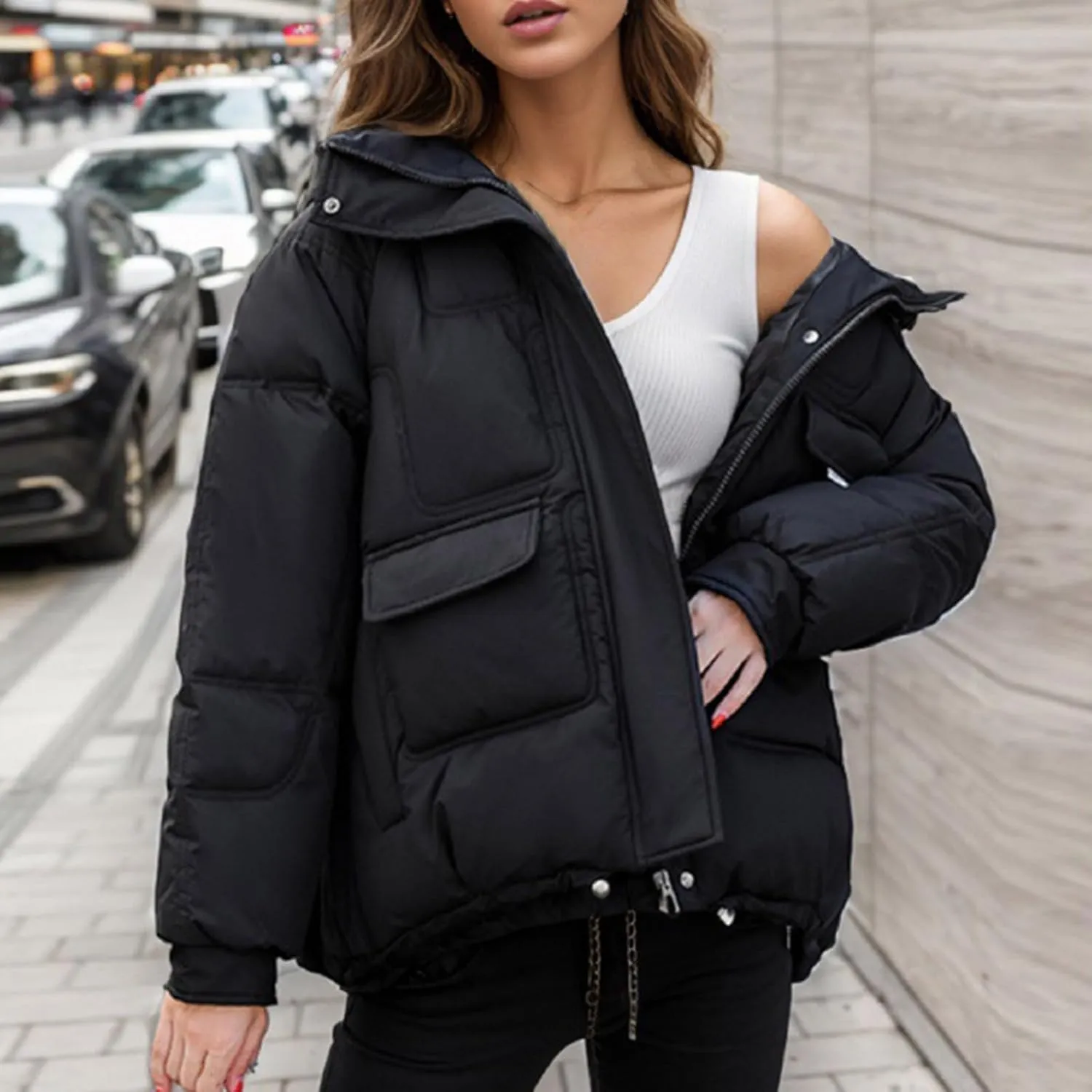 Women's Winter Puffer Jacket Long Sleeve Zip Up Quilted Baggy Warm Short Puffer Down Coats Hooded with Pockets