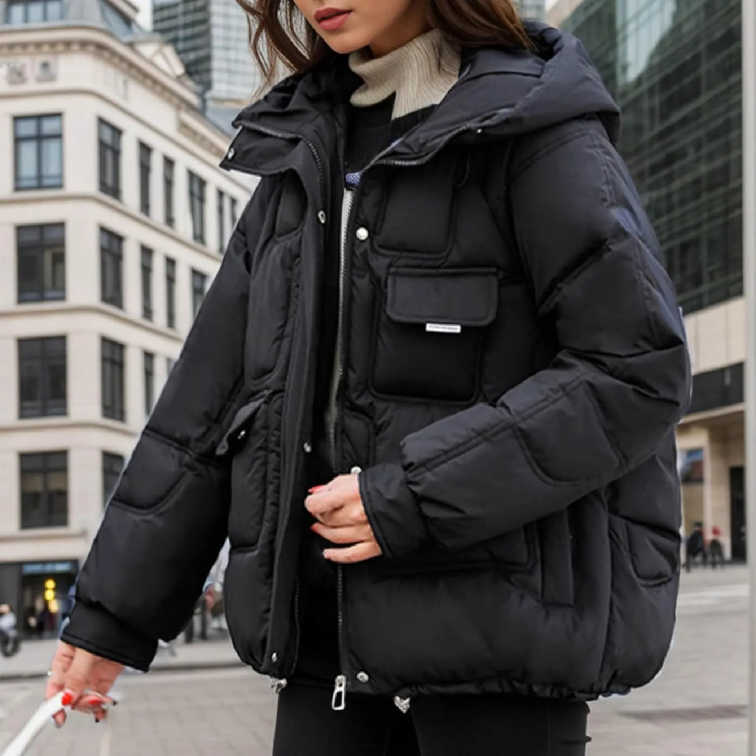 Women's Winter Puffer Jacket Long Sleeve Zip Up Quilted Baggy Warm Short Puffer Down Coats Hooded with Pockets