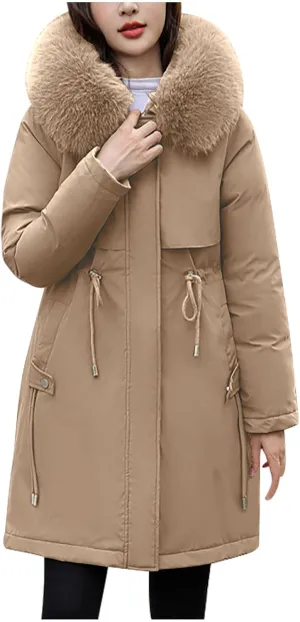 Women's Winter Quilted Coat Thick Warm Puffer Jacket Padded Down Coats With Fur Hood Knee Length Windproof Outerwear