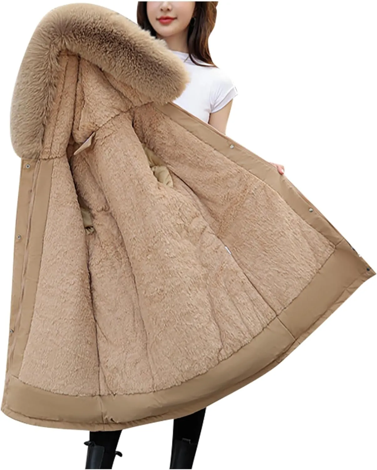Women's Winter Quilted Coat Thick Warm Puffer Jacket Padded Down Coats With Fur Hood Knee Length Windproof Outerwear