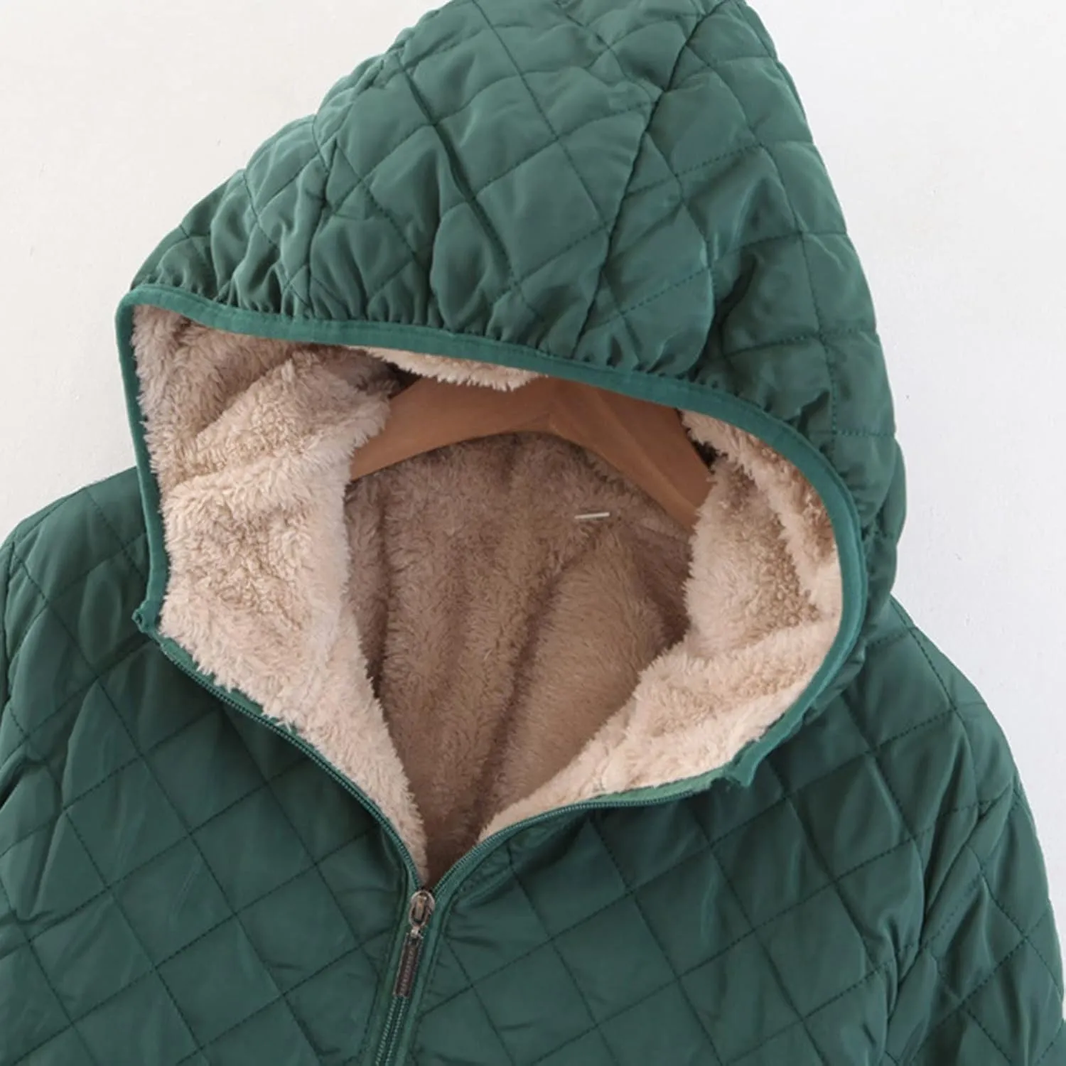 Womens Winter Warm Windproof Solid Outwear Long Sleeve Hooded Zipper Jacket Casual Soft Pockets Overcoat Daily Clothes