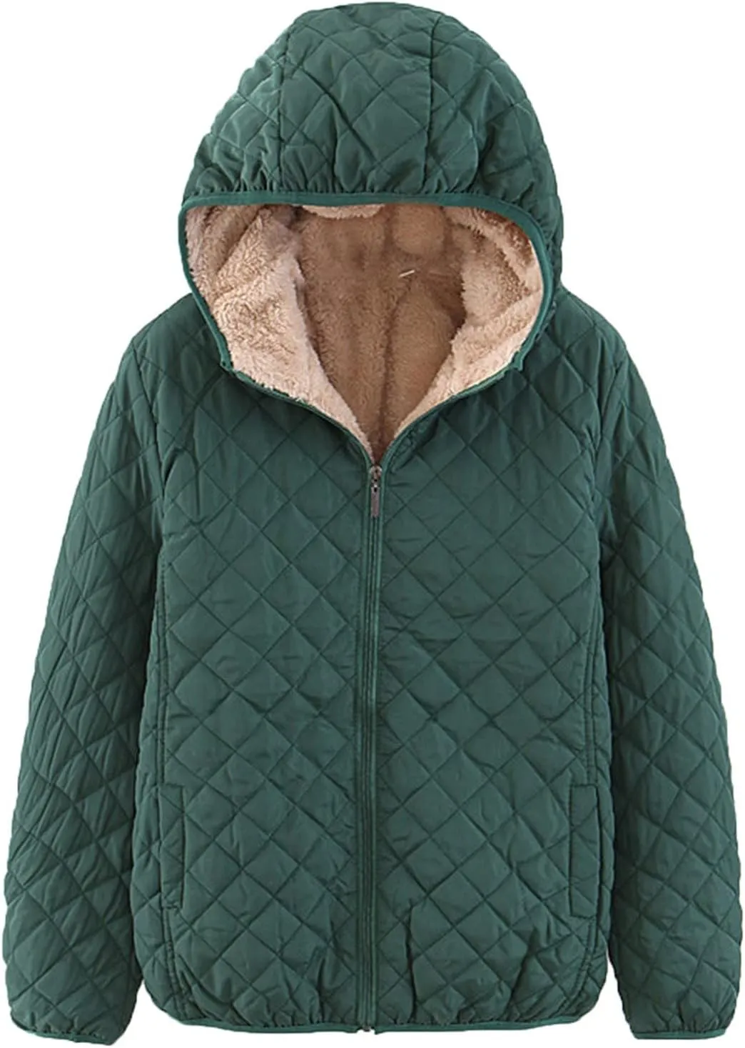 Womens Winter Warm Windproof Solid Outwear Long Sleeve Hooded Zipper Jacket Casual Soft Pockets Overcoat Daily Clothes
