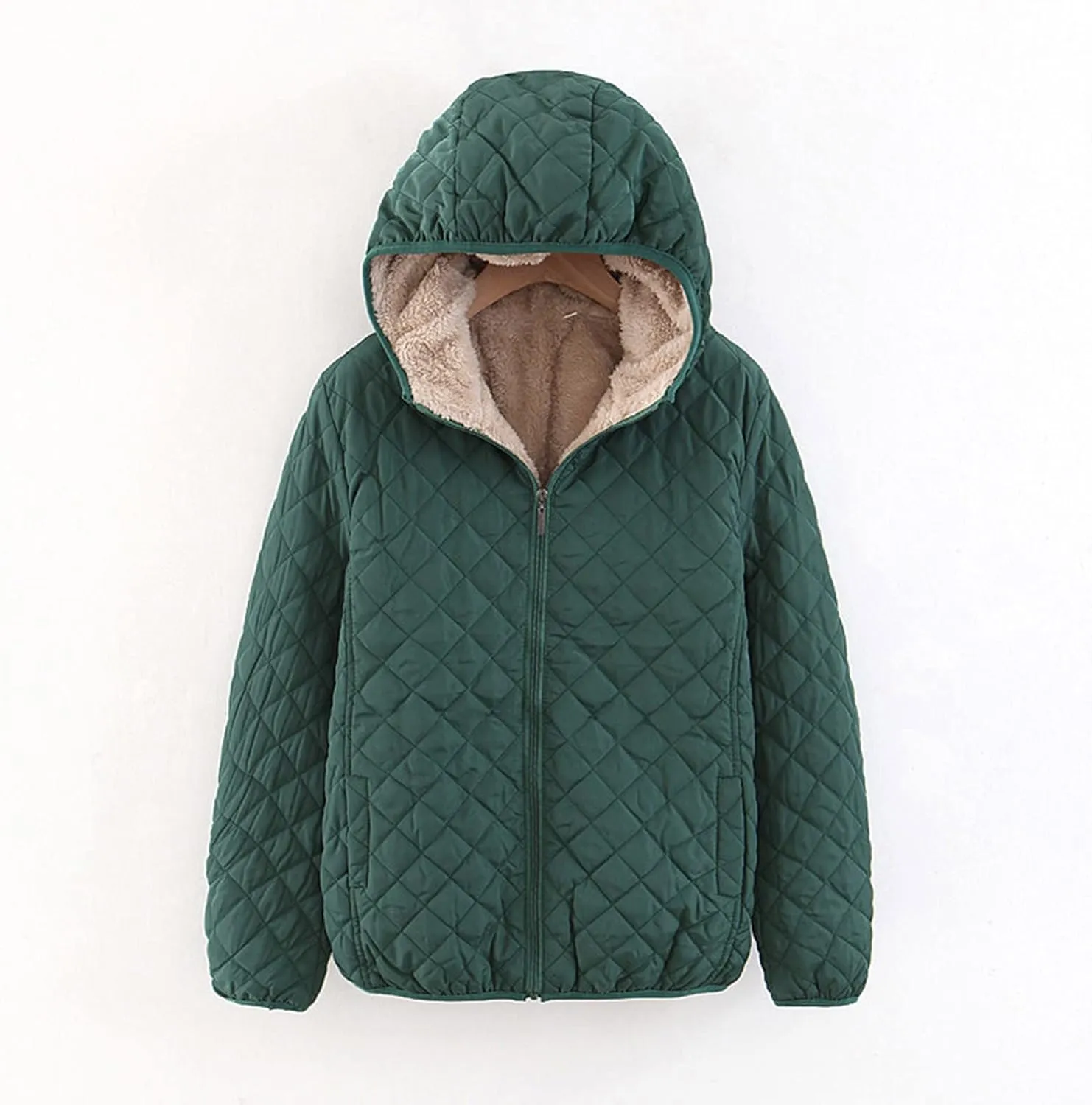 Womens Winter Warm Windproof Solid Outwear Long Sleeve Hooded Zipper Jacket Casual Soft Pockets Overcoat Daily Clothes