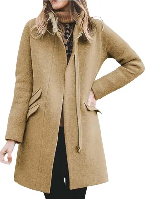 Womens Wool Blend Coat, Long Sleeve Lapel Collar Open Front Cardigan Winter Drawstring Loose Office Pea Coats
