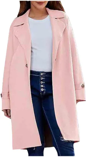 Women's Wool Blend Pea Coat Lapel Button Up Outerwear Trendy Jacket Business Overcoat Long Trench Coats with Pocket