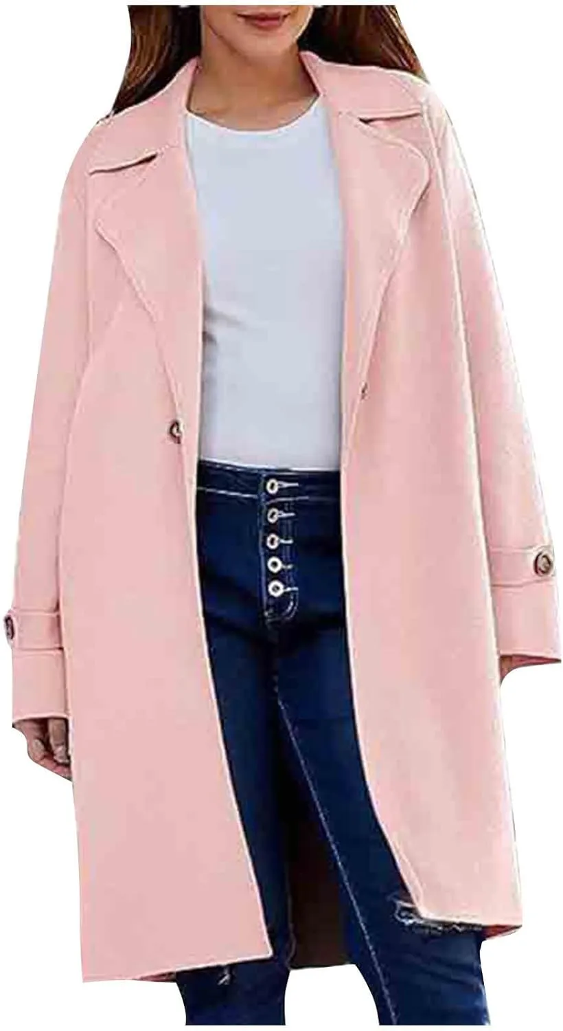 Women's Wool Blend Pea Coat Lapel Button Up Outerwear Trendy Jacket Business Overcoat Long Trench Coats with Pocket
