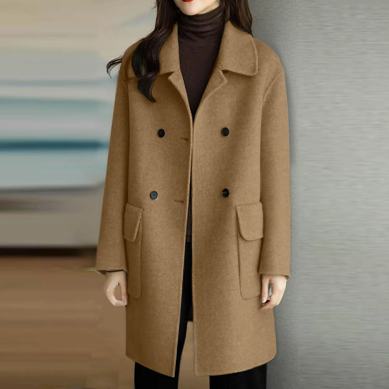 Womens Wool Blend Pea Coat Lapel Double Breasted Outerwear Trendy Jacket Business Overcoat Trench Coats with Pocket