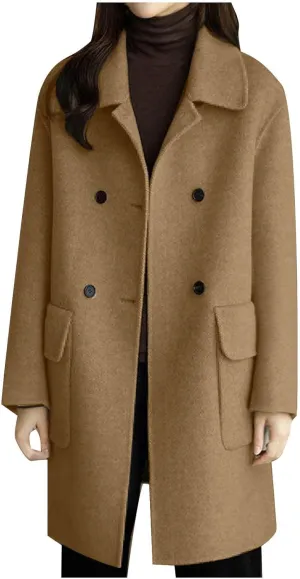 Womens Wool Blend Pea Coat Lapel Double Breasted Outerwear Trendy Jacket Business Overcoat Trench Coats with Pocket