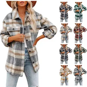 Womens Wool Blend Plaid Jacket 2024 Casual Flannel Shacket Fall Trendy Button Down Shirt Coat Oversized Blouses Tops