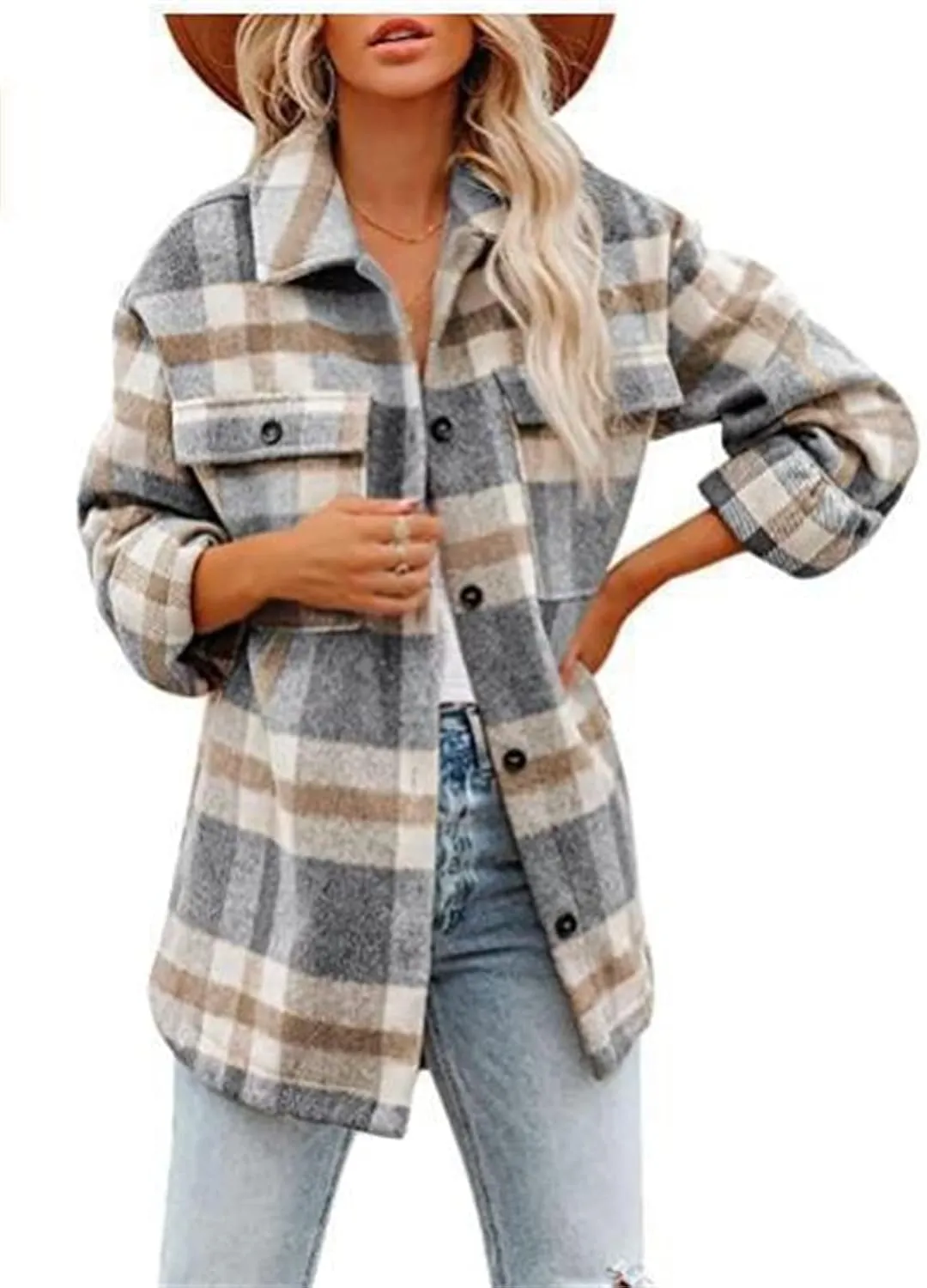 Womens Wool Blend Plaid Jacket 2024 Casual Flannel Shacket Fall Trendy Button Down Shirt Coat Oversized Blouses Tops