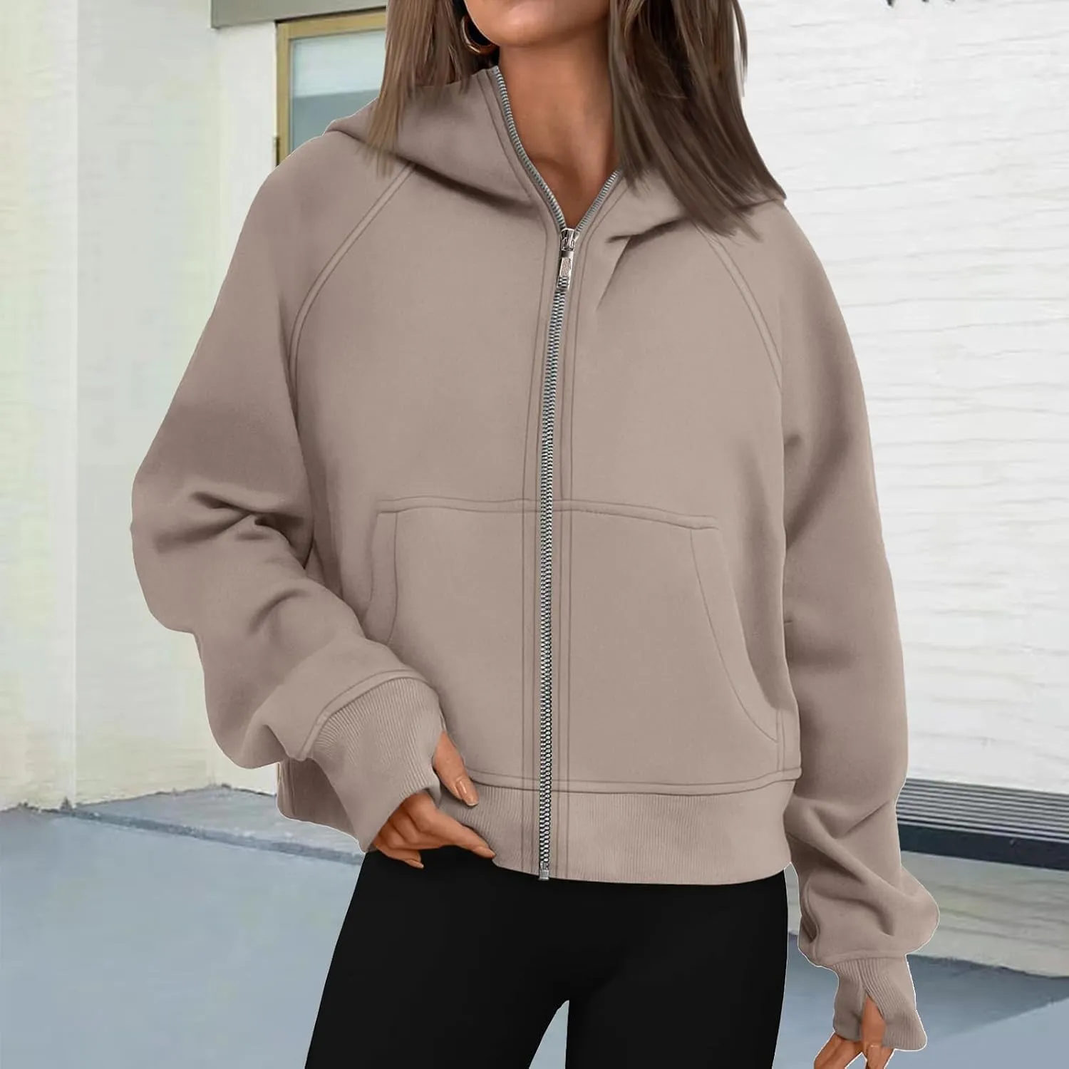 Womens Zip Up Hoodies Cropped Sweatshirts Fleece Jackets Fall Fashion Outfits Sweaters Winter Clothes Thumb Hole