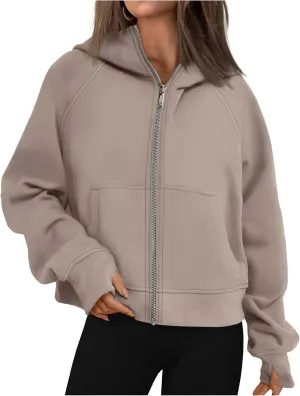 Womens Zip Up Hoodies Cropped Sweatshirts Fleece Jackets Fall Fashion Outfits Sweaters Winter Clothes Thumb Hole