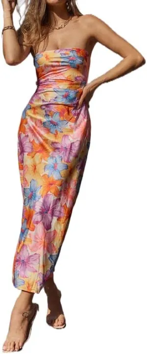 Y2K Tie Dye Flroal Strapless Tube Maxi Dress Off Shoulder Slim Fit Long Dress Bodycon Night Party Vocation Sundress