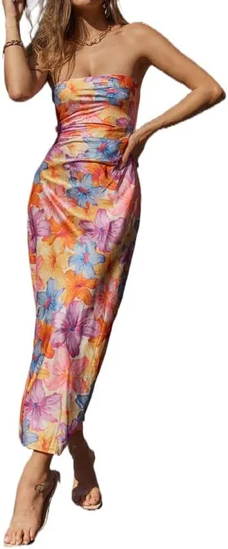 Y2K Tie Dye Flroal Strapless Tube Maxi Dress Off Shoulder Slim Fit Long Dress Bodycon Night Party Vocation Sundress