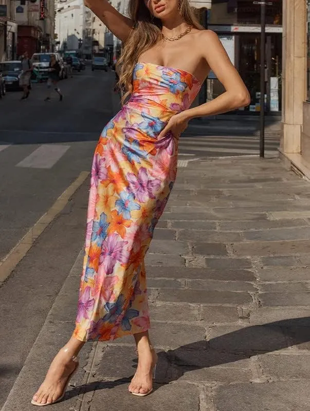 Y2K Tie Dye Flroal Strapless Tube Maxi Dress Off Shoulder Slim Fit Long Dress Bodycon Night Party Vocation Sundress