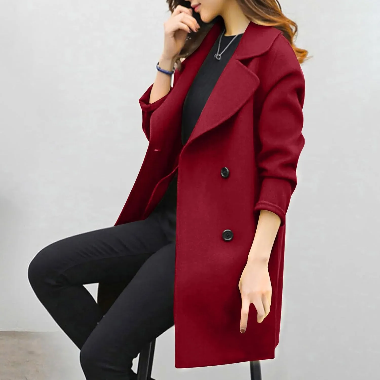 yardsong Trendy Pea Coats for Women Double Breasted Long Sleeve Notched Lapel Collar Trench Coats Wool Blend Casual Jackets