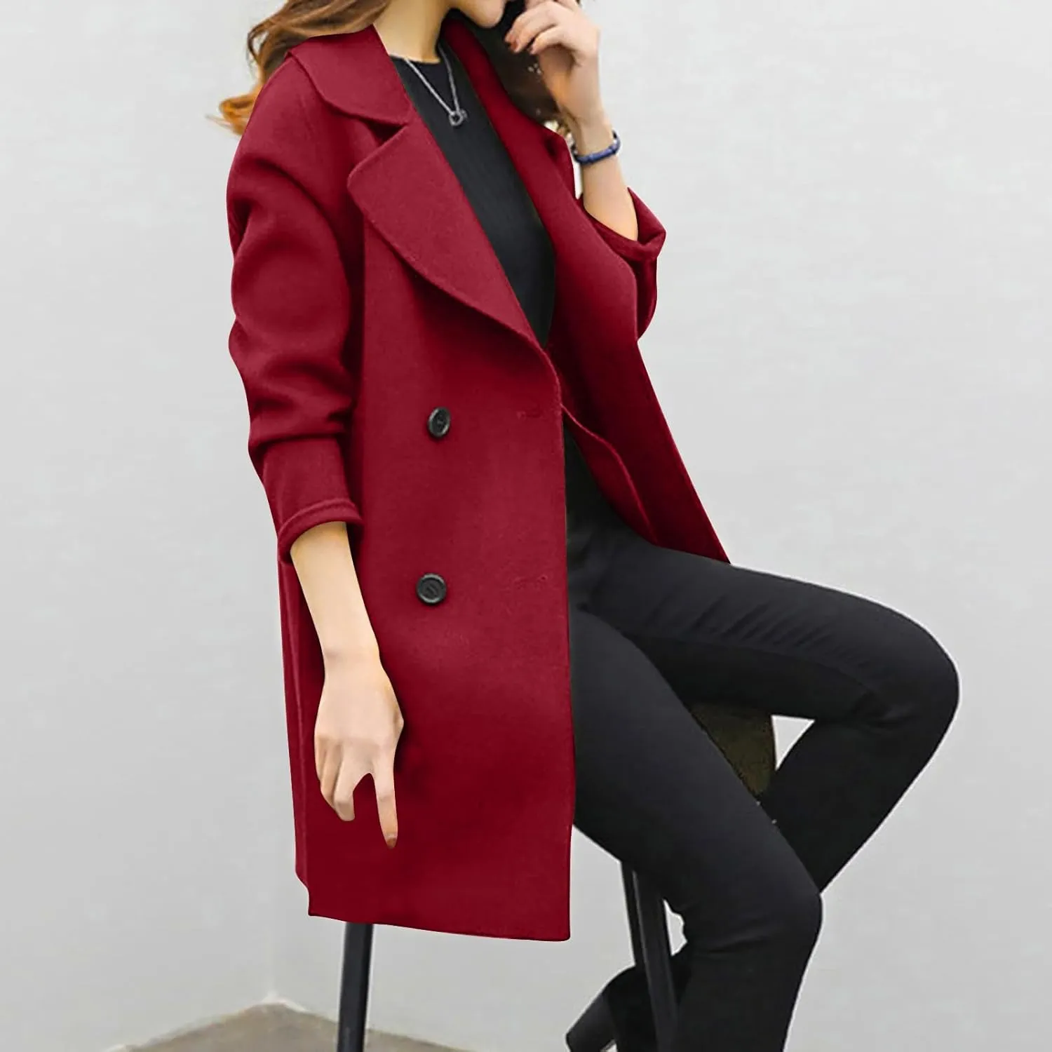 yardsong Trendy Pea Coats for Women Double Breasted Long Sleeve Notched Lapel Collar Trench Coats Wool Blend Casual Jackets
