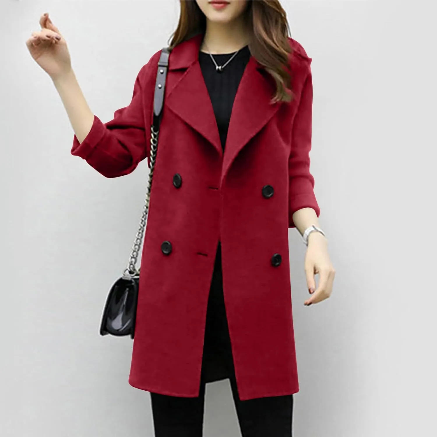 yardsong Trendy Pea Coats for Women Double Breasted Long Sleeve Notched Lapel Collar Trench Coats Wool Blend Casual Jackets
