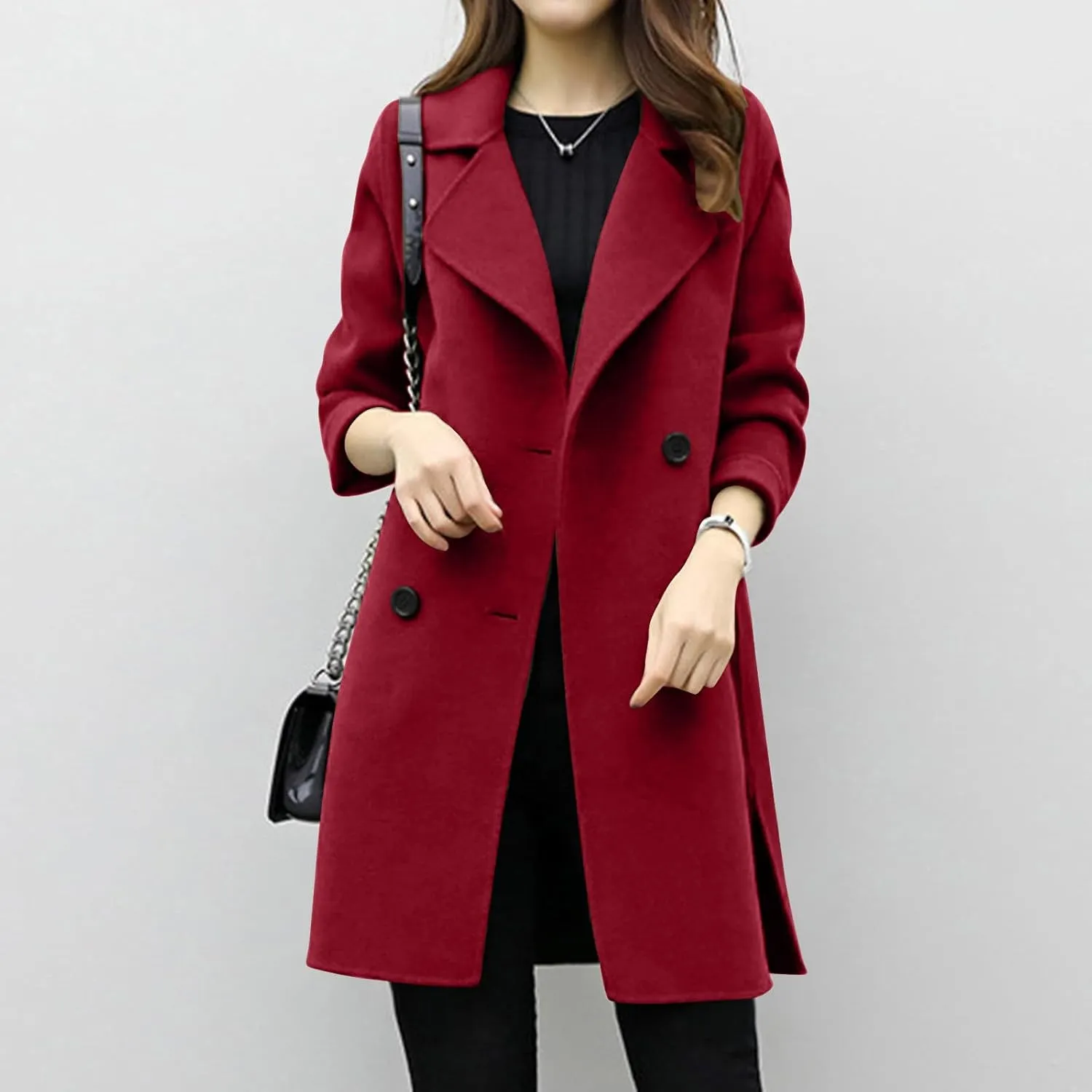 yardsong Trendy Pea Coats for Women Double Breasted Long Sleeve Notched Lapel Collar Trench Coats Wool Blend Casual Jackets