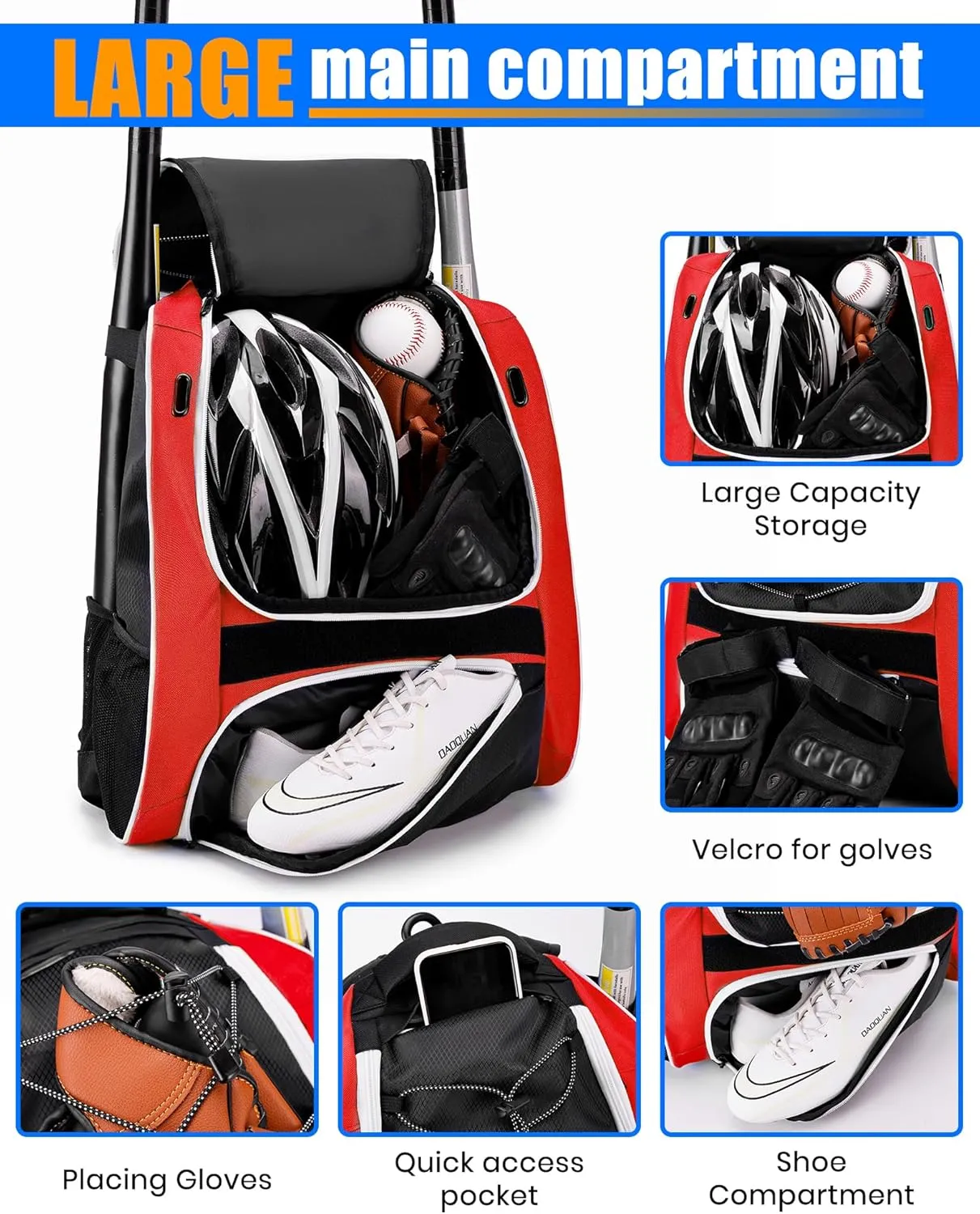 Youth Baseball Bag-Baseball Backpack for T-Ball&Softball Equipment with Fence Hook,Bat&Glove Holder,Large Main Compartment for Helmet,Accessories,Shoes Compartment
