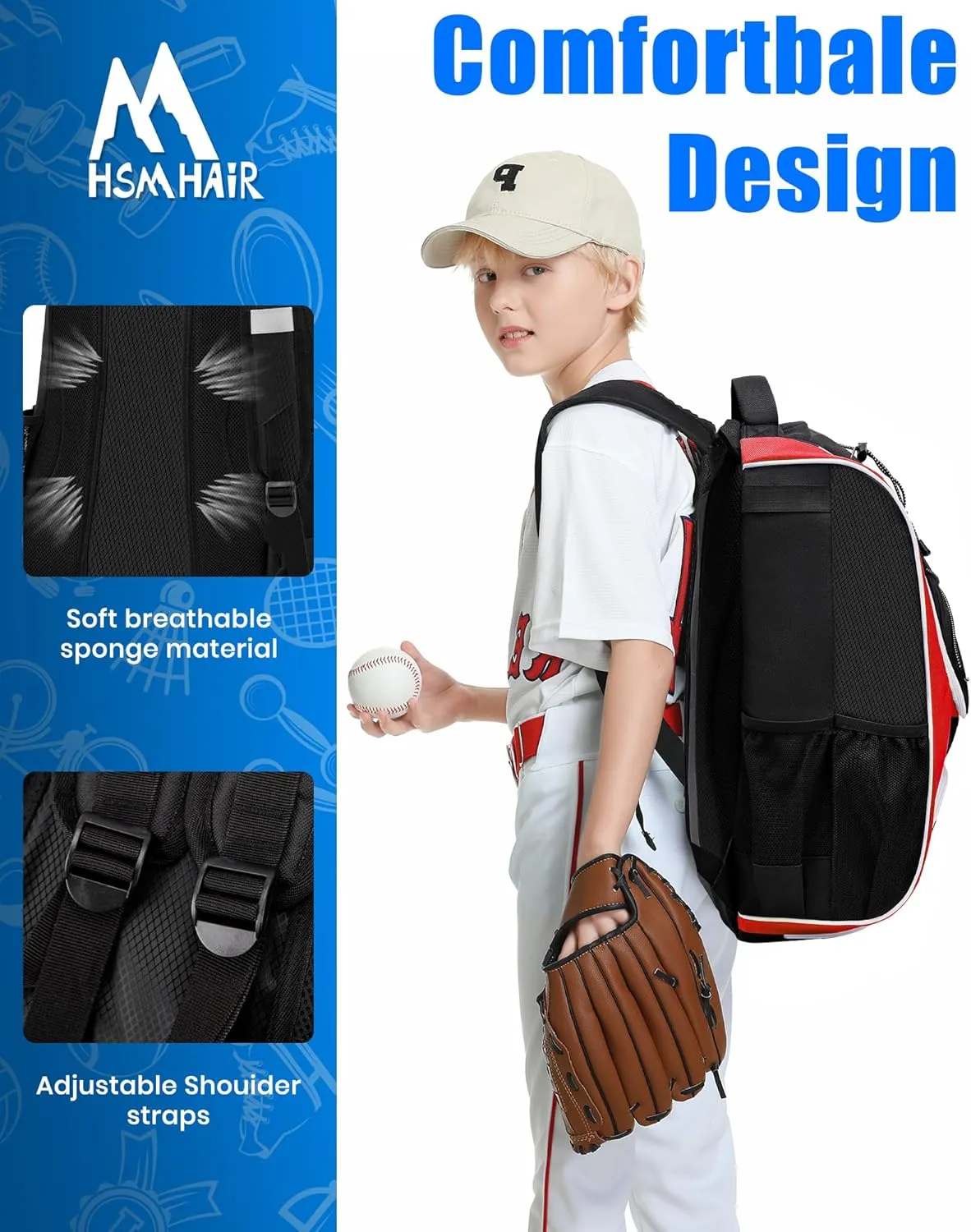 Youth Baseball Bag-Baseball Backpack for T-Ball&Softball Equipment with Fence Hook,Bat&Glove Holder,Large Main Compartment for Helmet,Accessories,Shoes Compartment
