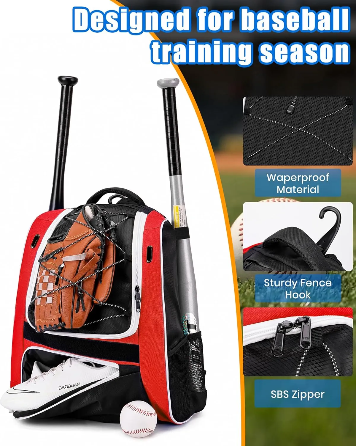 Youth Baseball Bag-Baseball Backpack for T-Ball&Softball Equipment with Fence Hook,Bat&Glove Holder,Large Main Compartment for Helmet,Accessories,Shoes Compartment