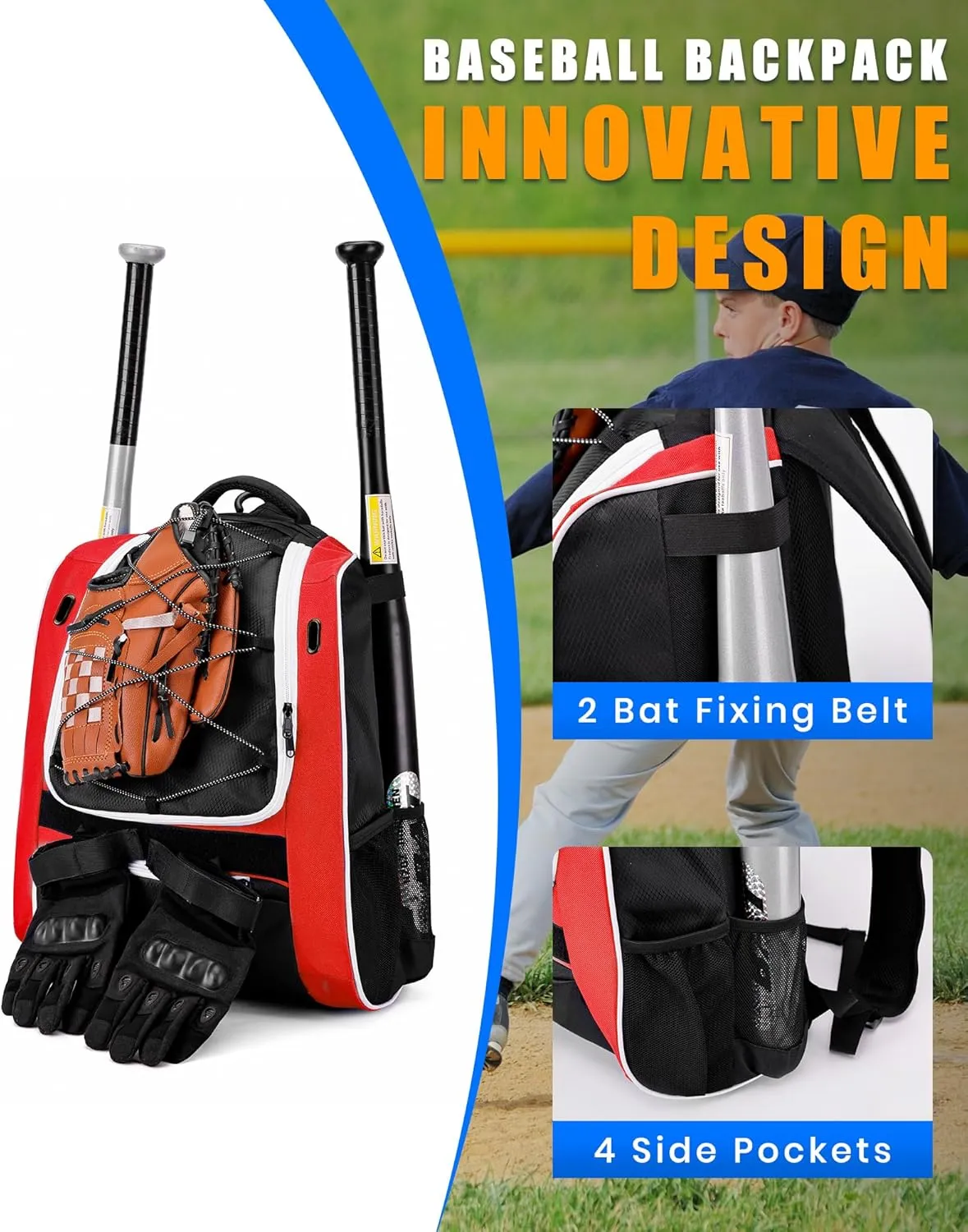 Youth Baseball Bag-Baseball Backpack for T-Ball&Softball Equipment with Fence Hook,Bat&Glove Holder,Large Main Compartment for Helmet,Accessories,Shoes Compartment