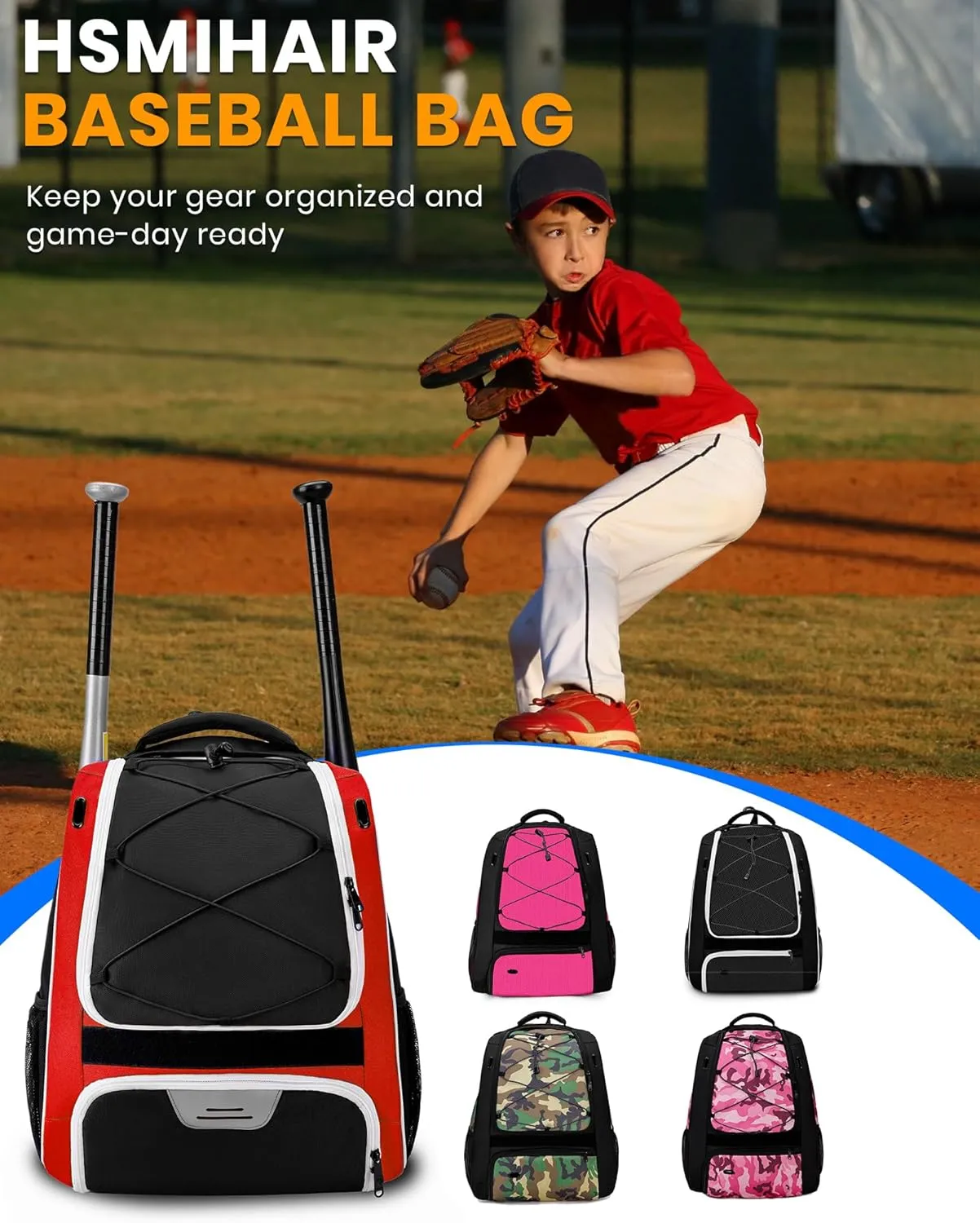 Youth Baseball Bag-Baseball Backpack for T-Ball&Softball Equipment with Fence Hook,Bat&Glove Holder,Large Main Compartment for Helmet,Accessories,Shoes Compartment