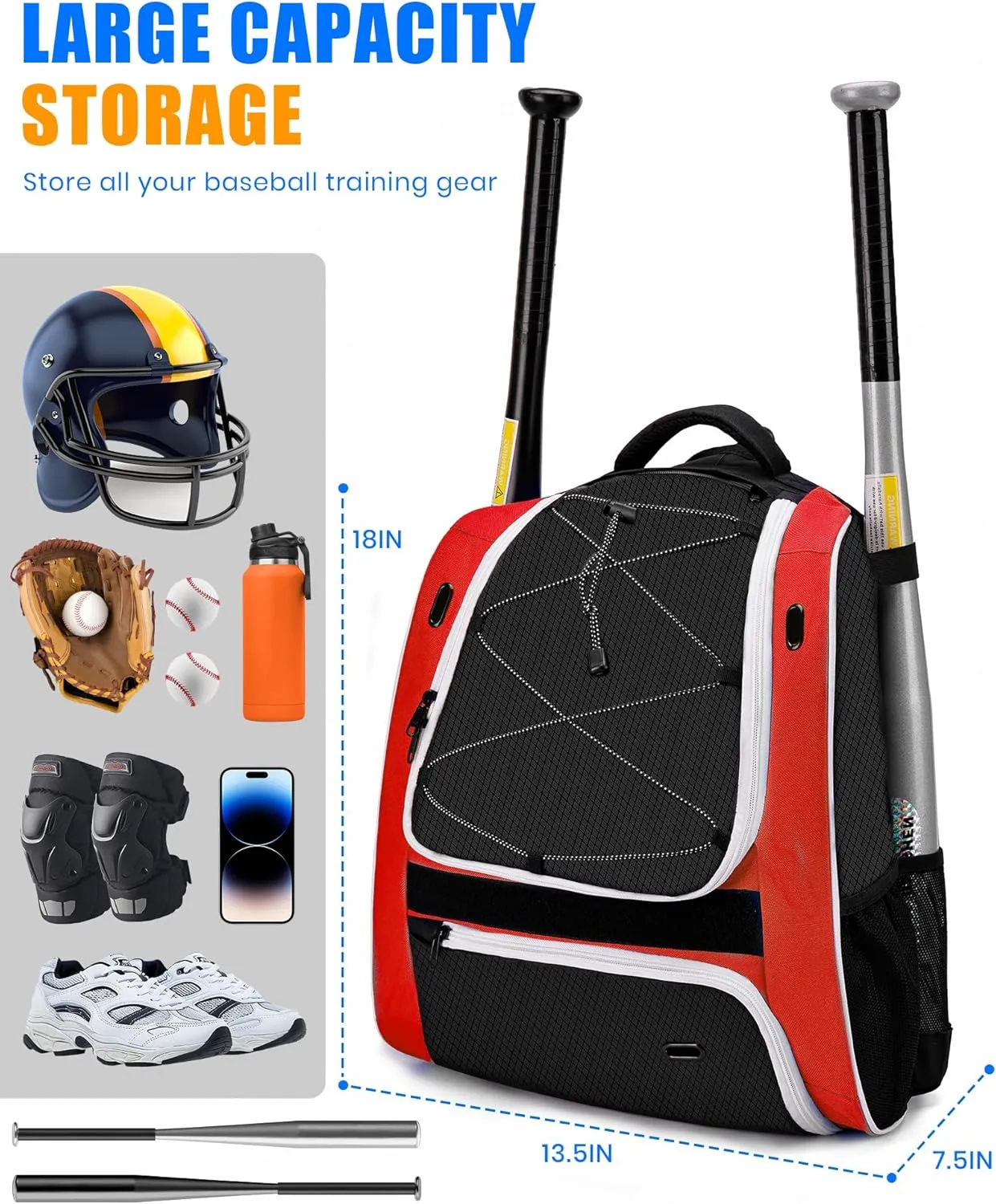 Youth Baseball Bag-Baseball Backpack for T-Ball&Softball Equipment with Fence Hook,Bat&Glove Holder,Large Main Compartment for Helmet,Accessories,Shoes Compartment
