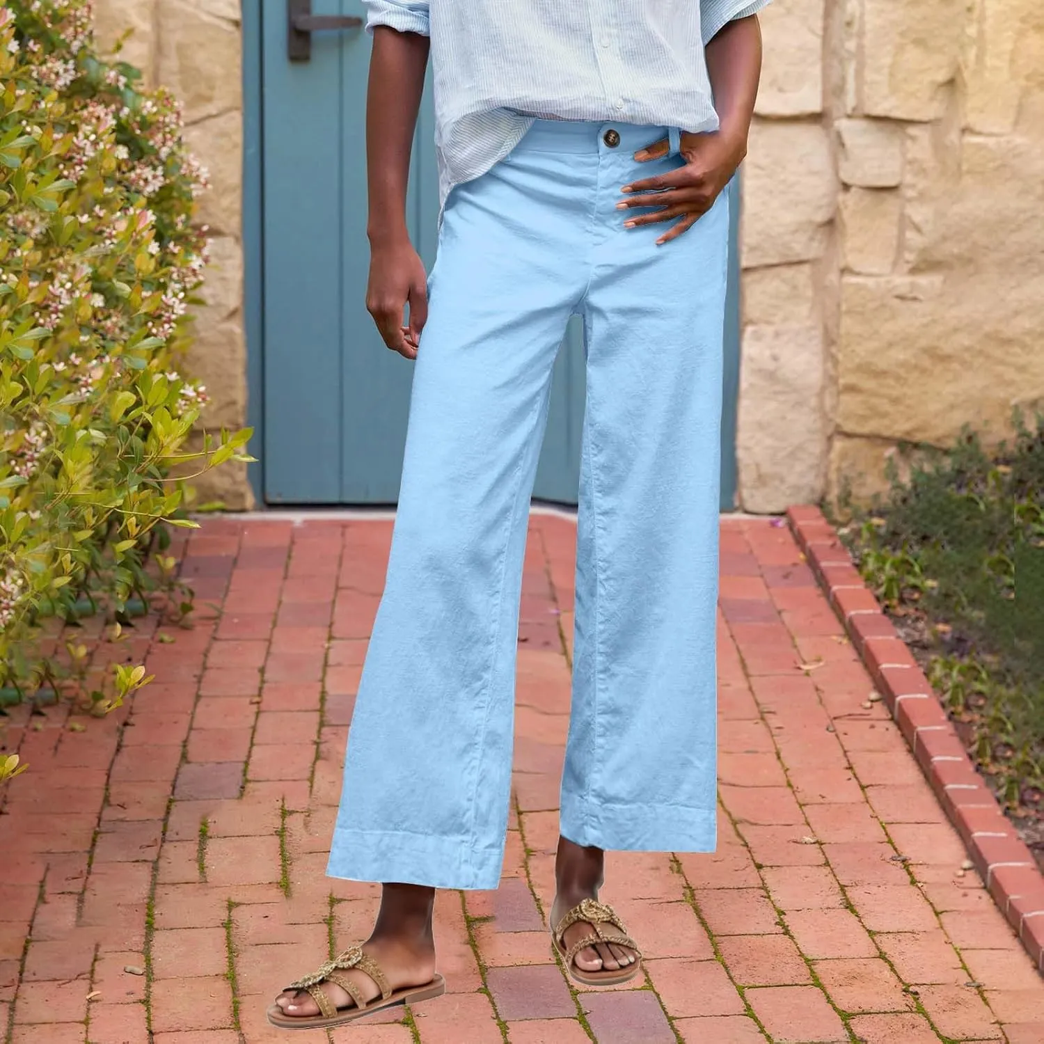 YRAETENM Linen Pants Women High Waisted Cropped Wide Leg Pants Business Casual Dress Pants Comfy Lounge Pants with Pockets