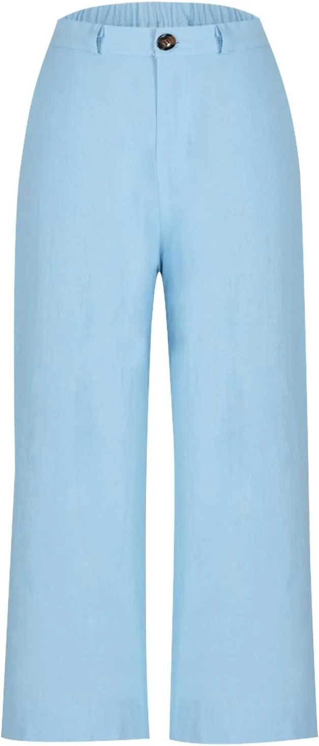 YRAETENM Linen Pants Women High Waisted Cropped Wide Leg Pants Business Casual Dress Pants Comfy Lounge Pants with Pockets