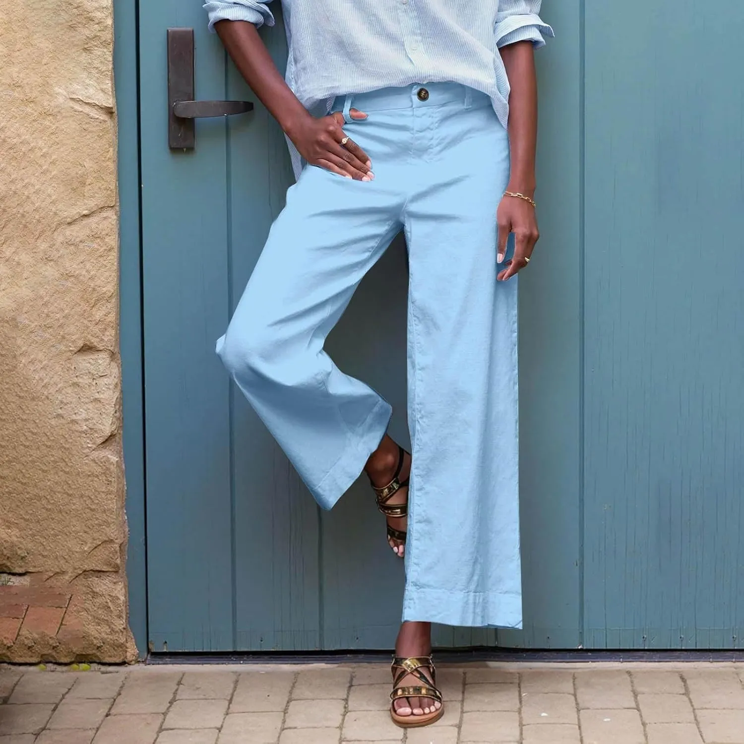 YRAETENM Linen Pants Women High Waisted Cropped Wide Leg Pants Business Casual Dress Pants Comfy Lounge Pants with Pockets