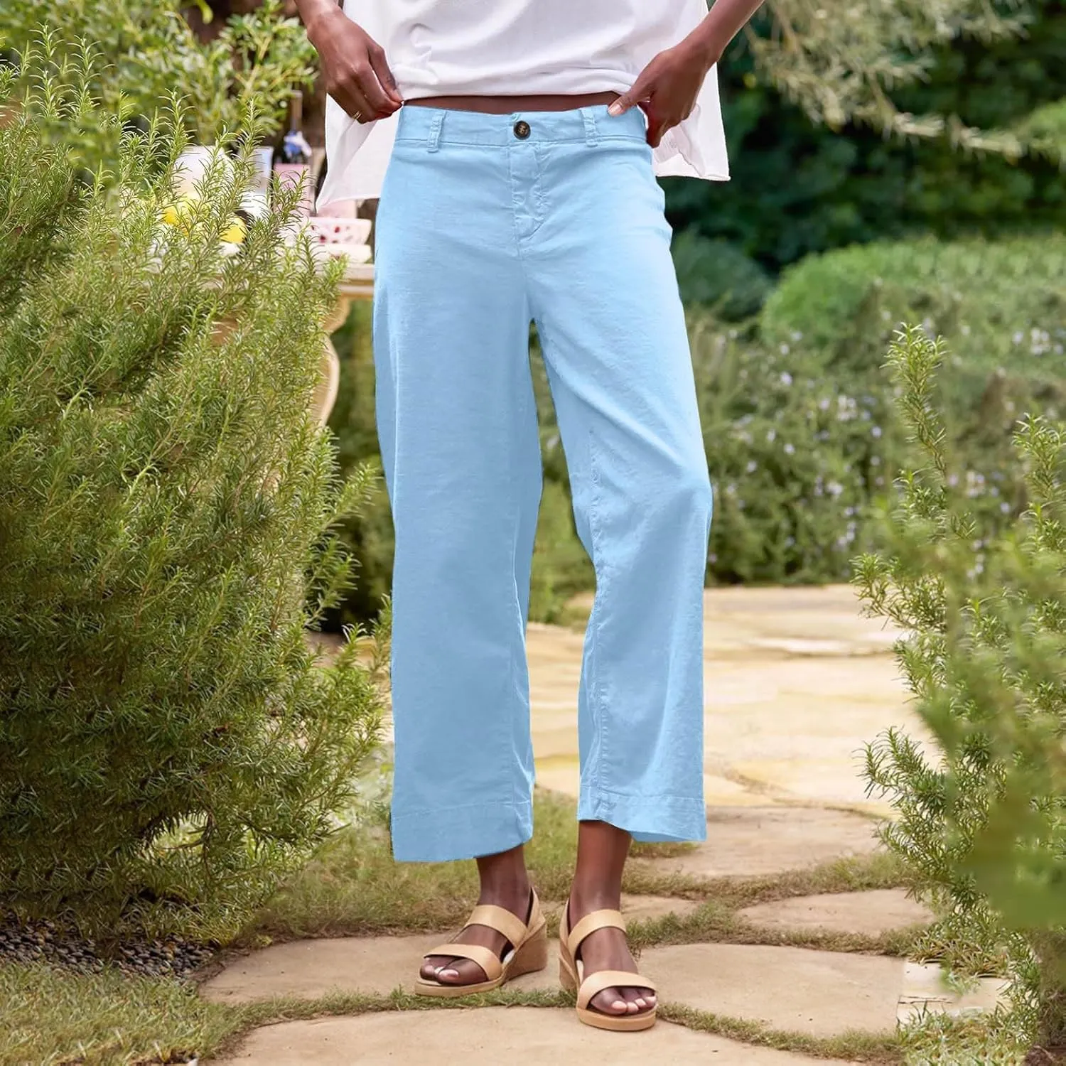 YRAETENM Linen Pants Women High Waisted Cropped Wide Leg Pants Business Casual Dress Pants Comfy Lounge Pants with Pockets